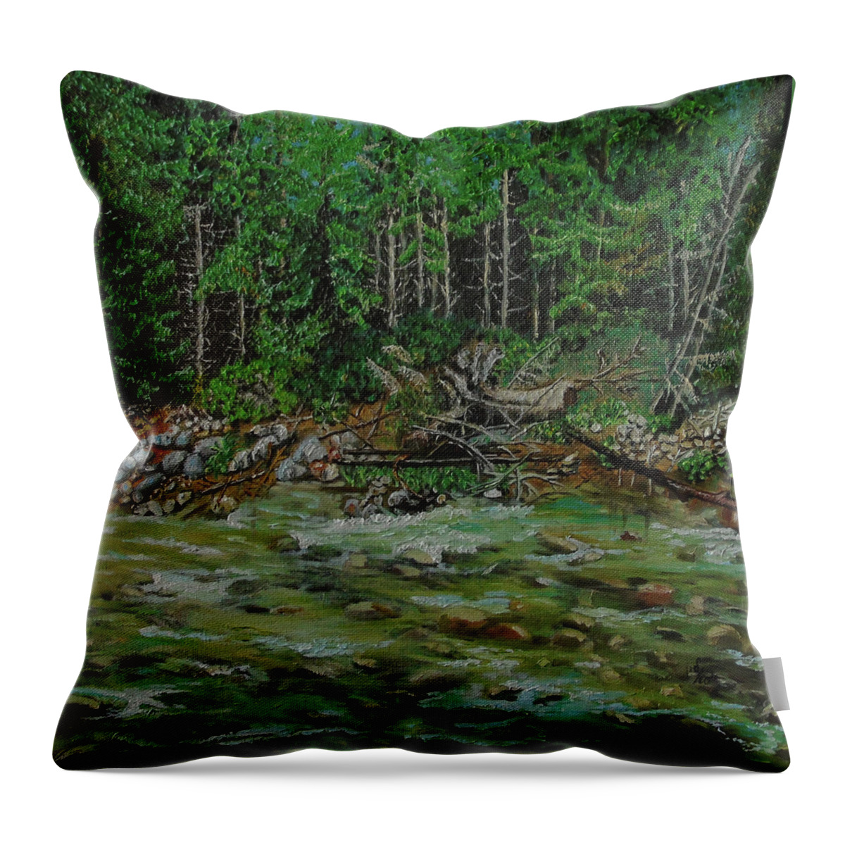 Landscape Oil Painting Natural Wild Peacefull Outside Wet Foam Stream By The River Reflections Water Aqua River Sand Modern Comb Shimmer Pine Needle In Bloom Deciduous Tree Forest Leaf Woodland Trees Tranquil Botanical Plant Realism Nature Floral Rocks Stones Mysterious Pristine Wild Sunlight Sunny Summer Vacations Sky Travel Poland Explore Stone Texture Derail Focus On Stone Scenery Throw Pillow featuring the painting River by Maria Woithofer