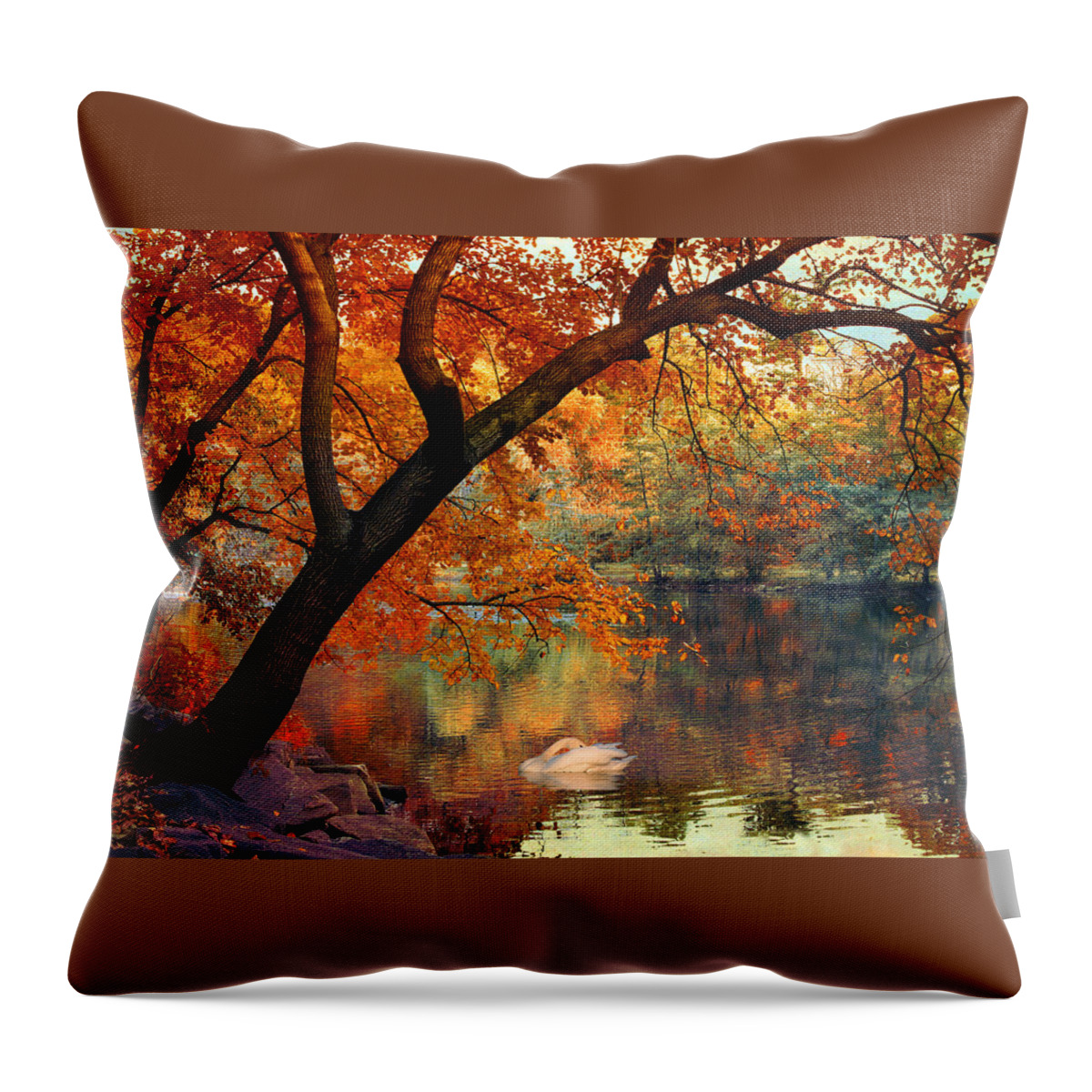 Autumn Throw Pillow featuring the photograph Riverbank Foliage Reflections by Jessica Jenney