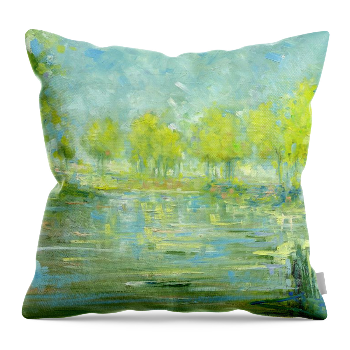 Riverbank Throw Pillow featuring the painting Riverbank by Roger Clarke