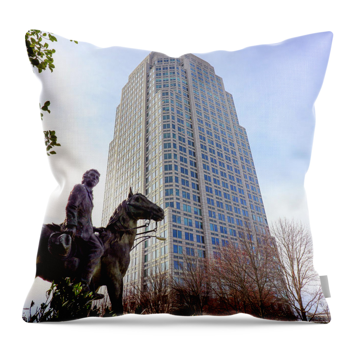 Winston Salem Throw Pillow featuring the photograph RJ Reynolds Statue and Wells Fargo Building 0494 by Jack Schultz