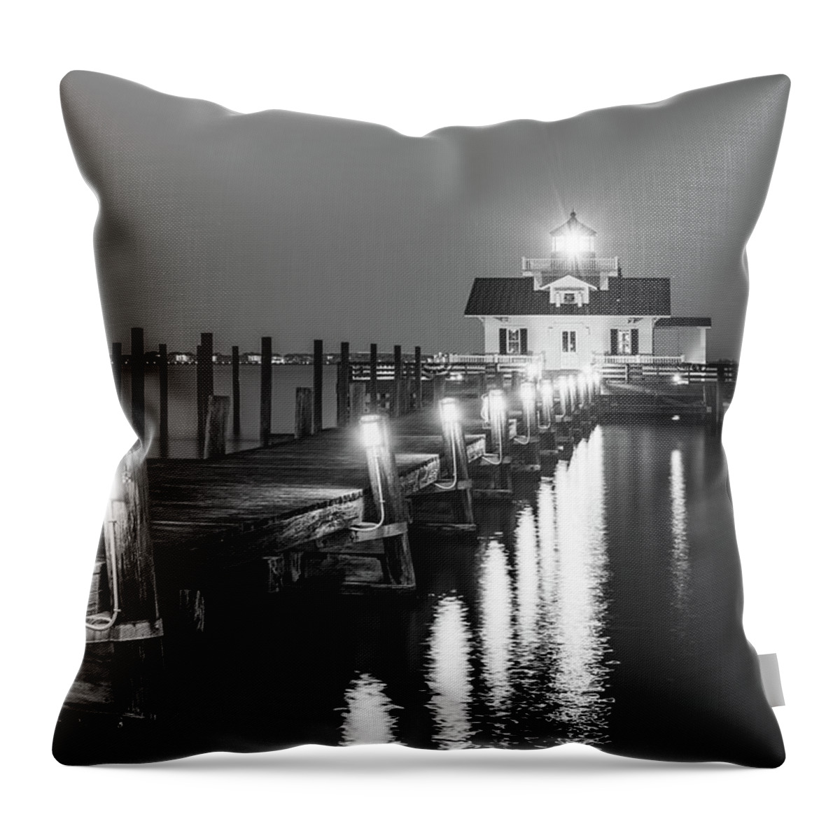 Roanoke Lighthouse Throw Pillow featuring the photograph Roanoke Marshes Lighthouse Guiding Light - Black And White by Gregory Ballos