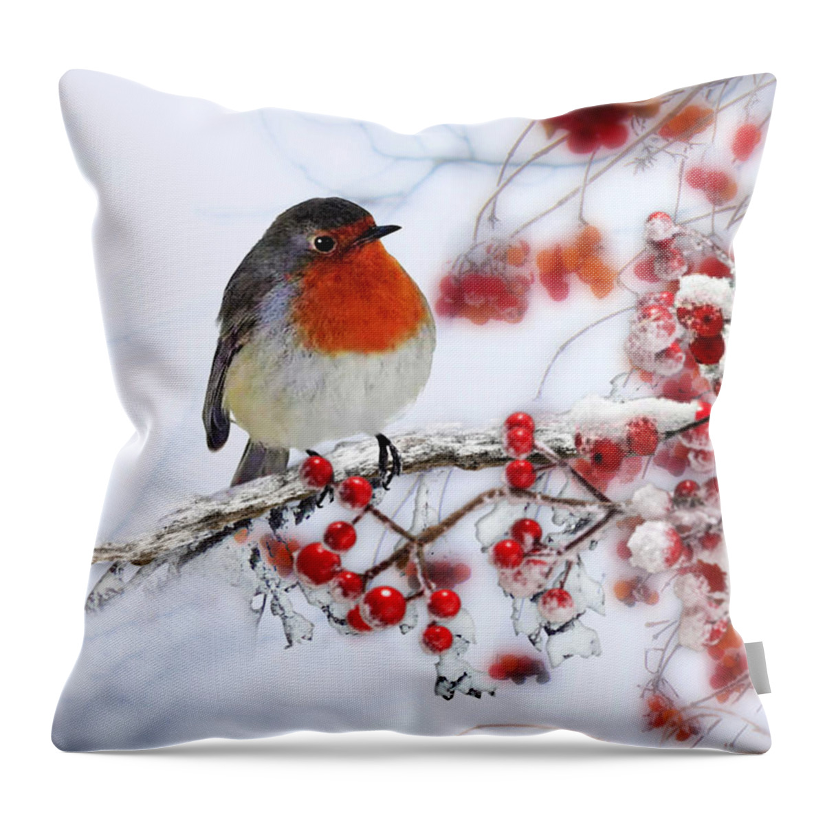Robin On Red Berries Throw Pillow featuring the pyrography Robin and Berries by Morag Bates