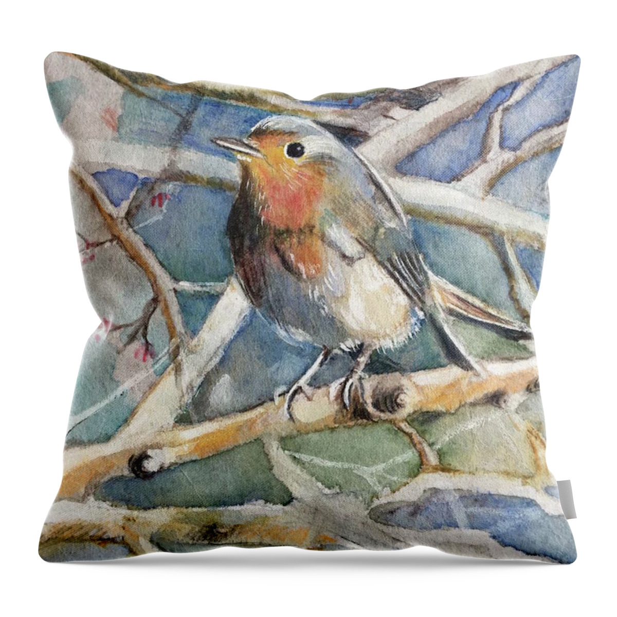 Robin Throw Pillow featuring the drawing Robin on a branch by Carolina Prieto Moreno