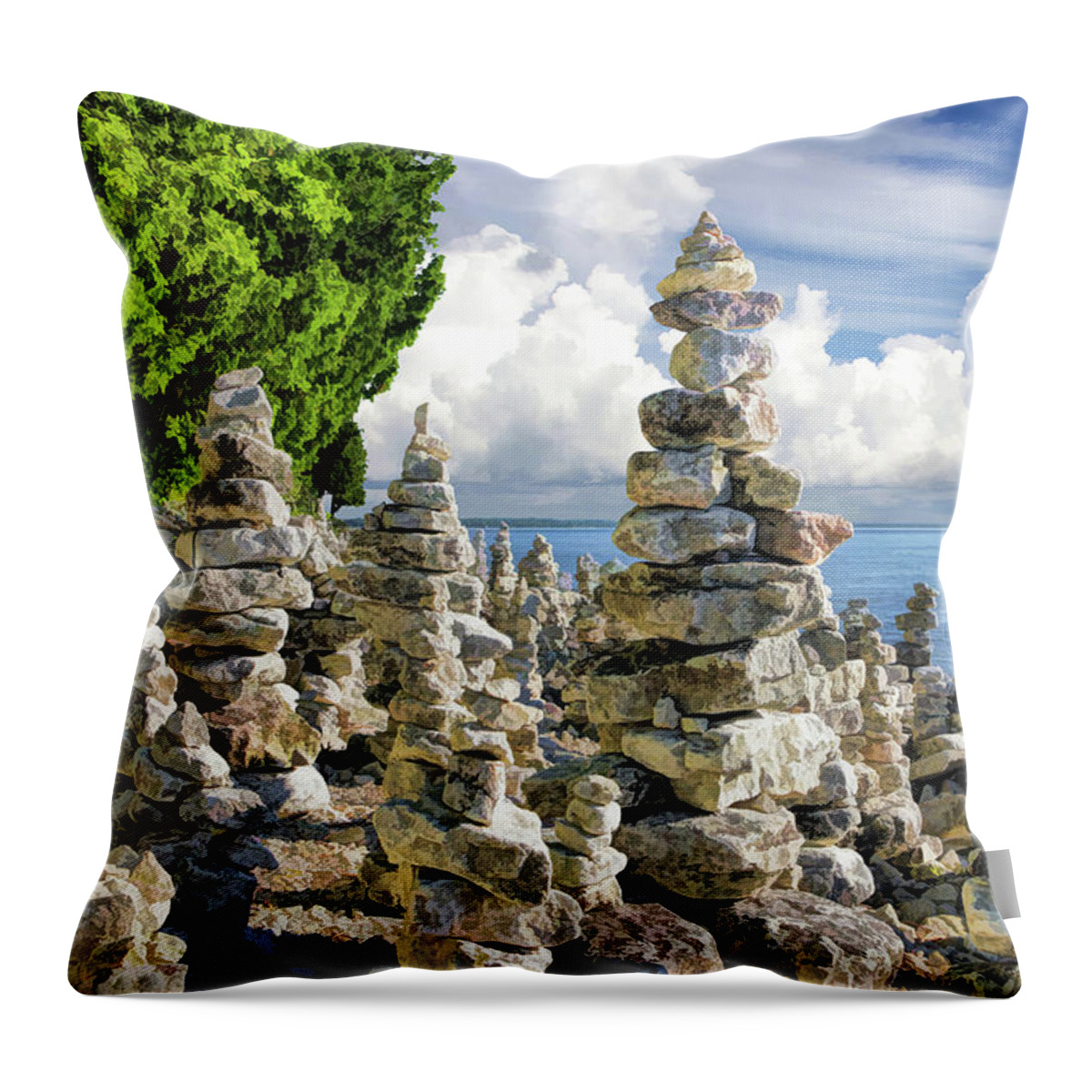 Cairns Throw Pillow featuring the painting Rock Cairns in Door County by Christopher Arndt