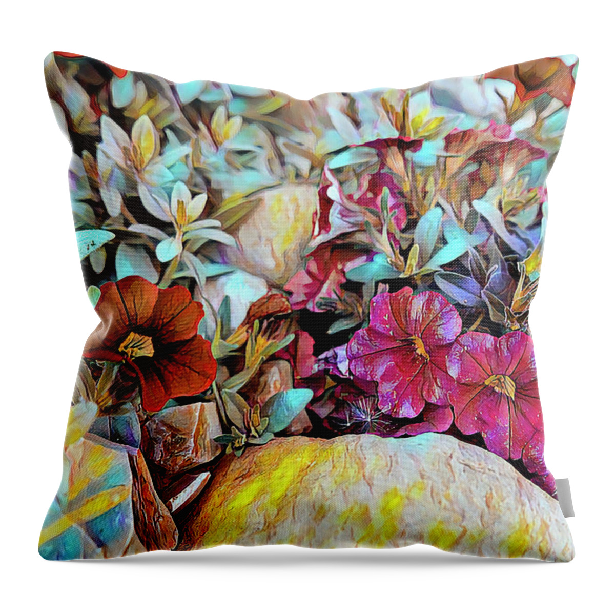 Garden Throw Pillow featuring the painting Rock garden with colorful flowers oil painting by Patricia Piotrak