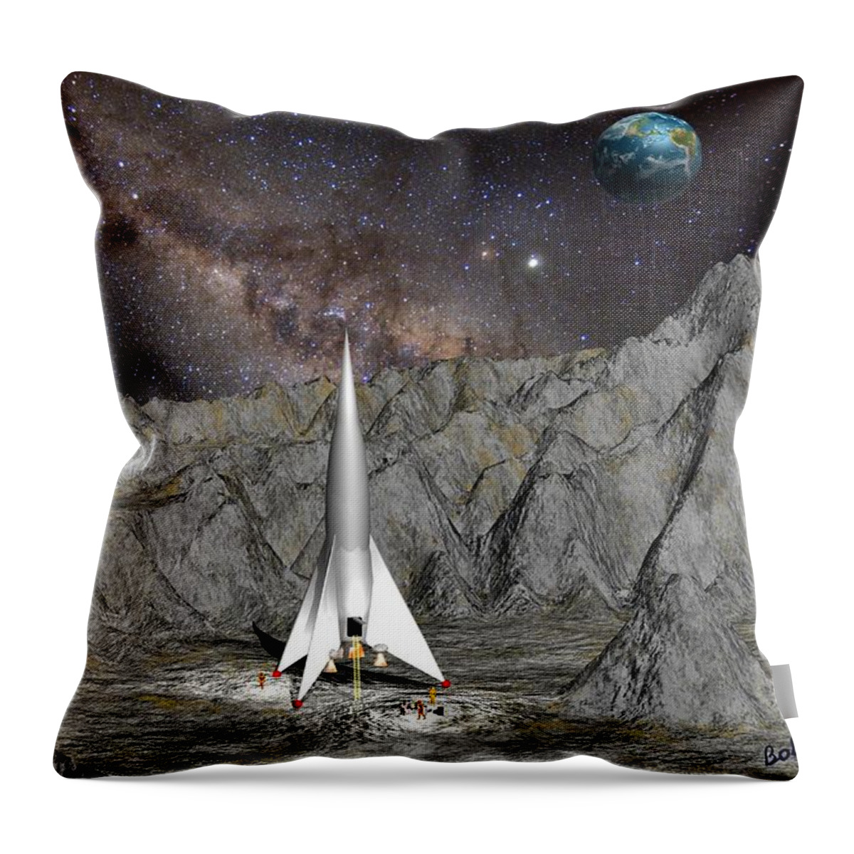 Vintage Digital Rocket Spaceship Scifi Exploration Throw Pillow featuring the digital art Rocket Ship by Bob Shimer