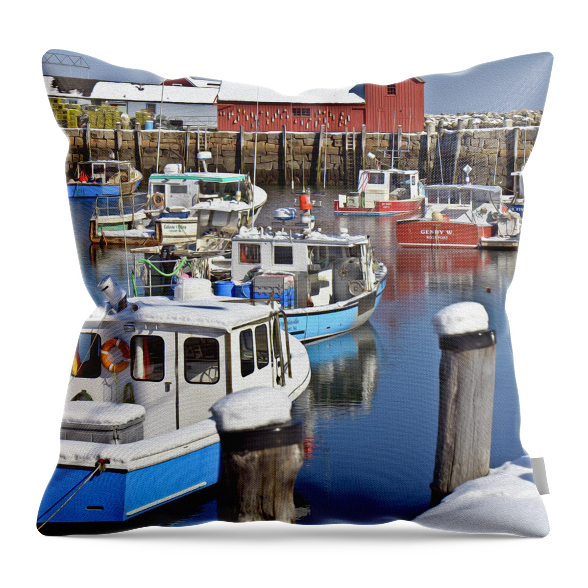 Rockport In Winter 2014 Throw Pillow featuring the photograph Rockport Harbor in Snow by Caroline Stella