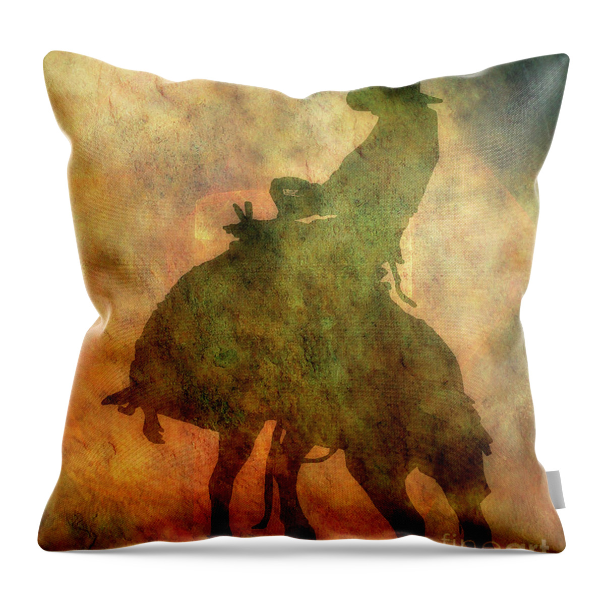 Rodeo Bronco Riding Silhouette Throw Pillow featuring the digital art Rodeo Bronco Riding Silhouette by Randy Steele