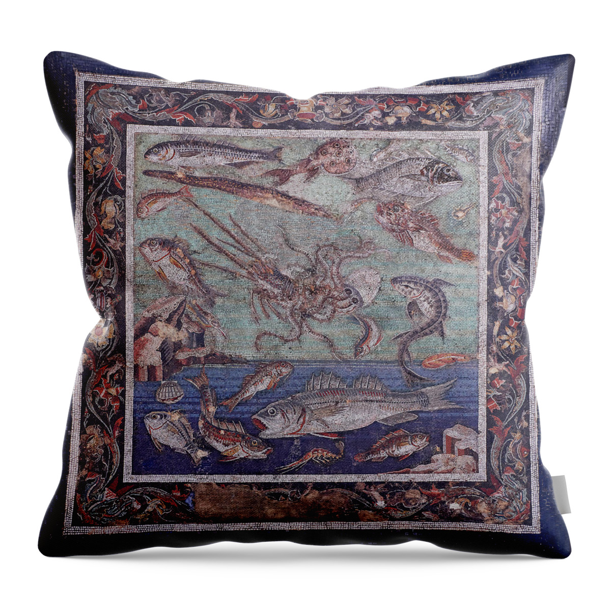 Seascape Throw Pillow featuring the photograph Roman mosaic of fish from Pompei - Naples Archaeological Musum Italy by Paul E Williams