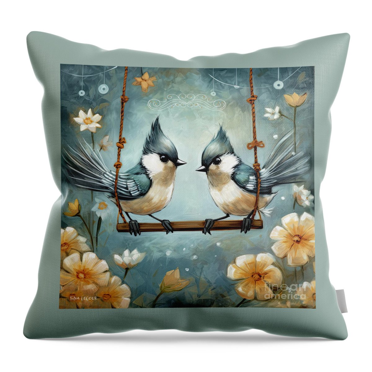 Titmouse Birds Throw Pillow featuring the painting Romance On The Swing by Tina LeCour