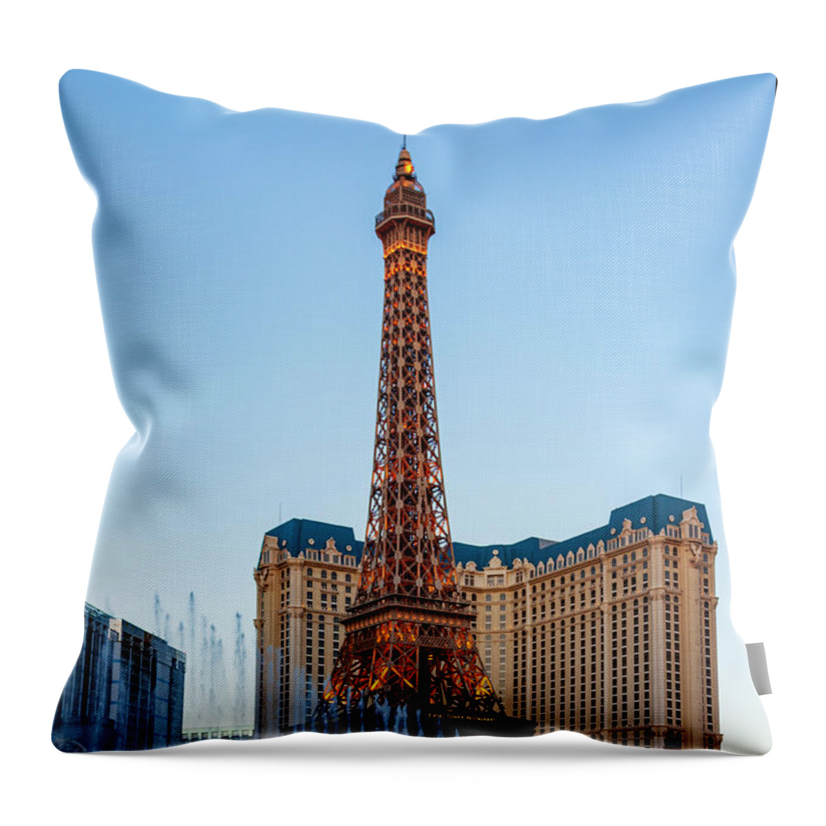 Paris Las Vegas Throw Pillow featuring the photograph Romantic Paris Las Vegas at dusk by Tatiana Travelways