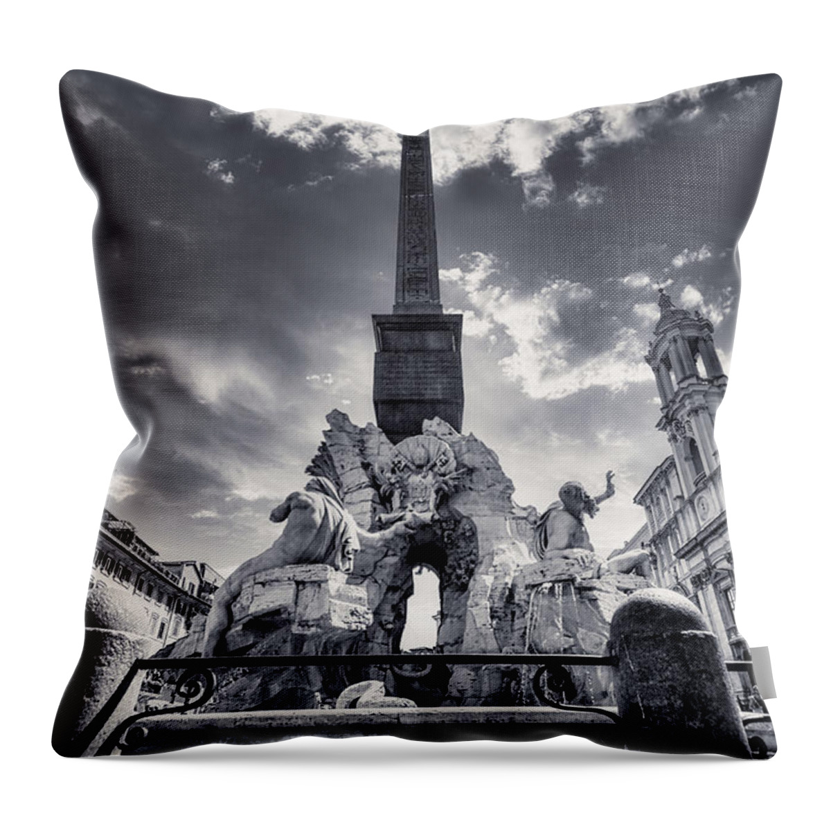Piazza Navona Throw Pillow featuring the photograph Rome BW - Fountain Of The Four Rivers In Piazza Navona 2 by Stefano Senise