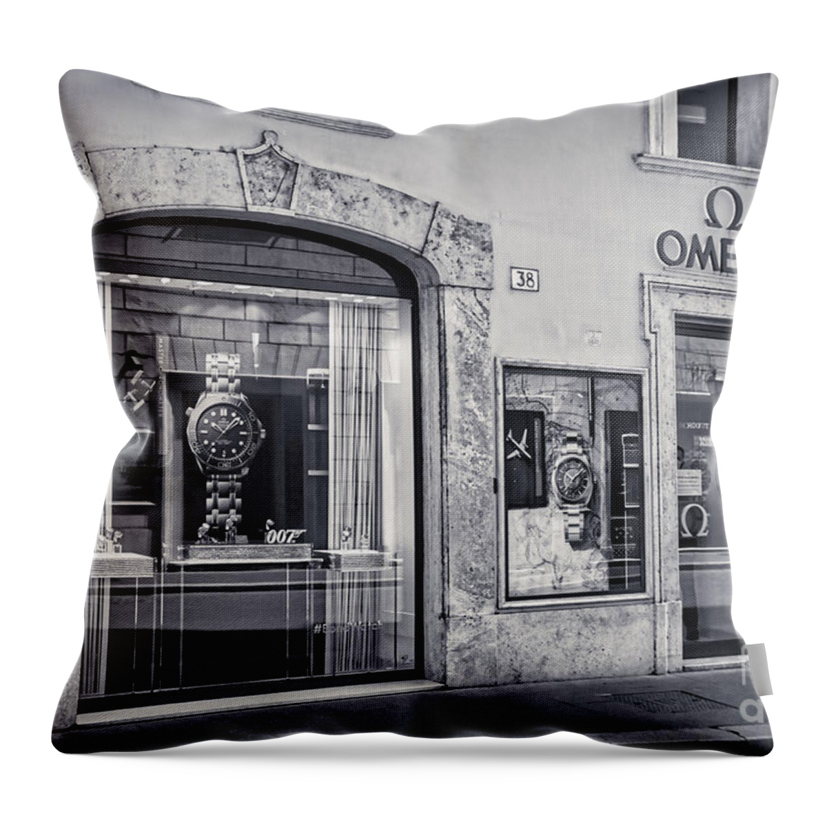 Omega Throw Pillow featuring the photograph Rome Bw - Omega Store in Via dei Condotti by Stefano Senise