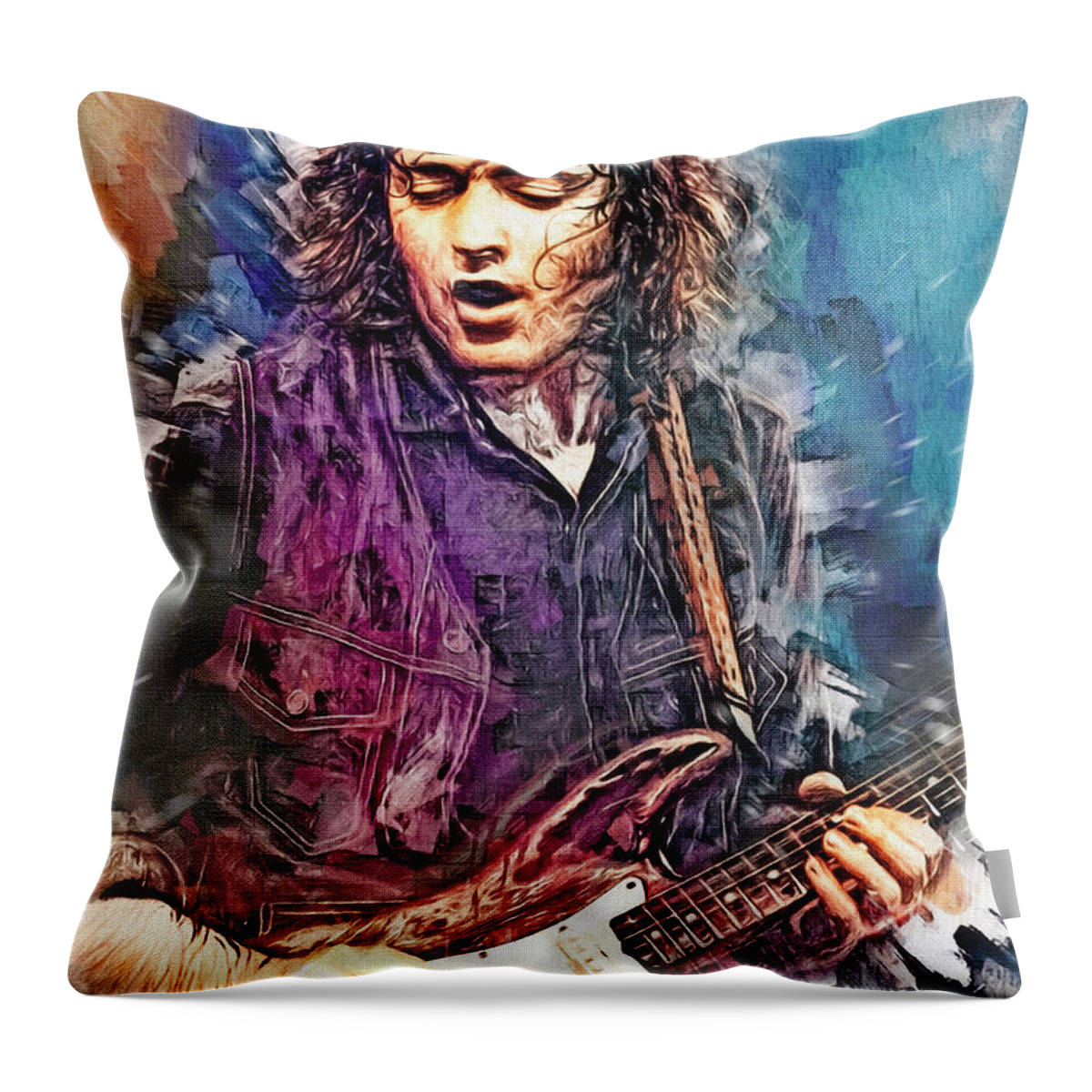 Rory Gallagher Throw Pillow featuring the mixed media Rory Gallagher Guitar Virtuoso by Mal Bray