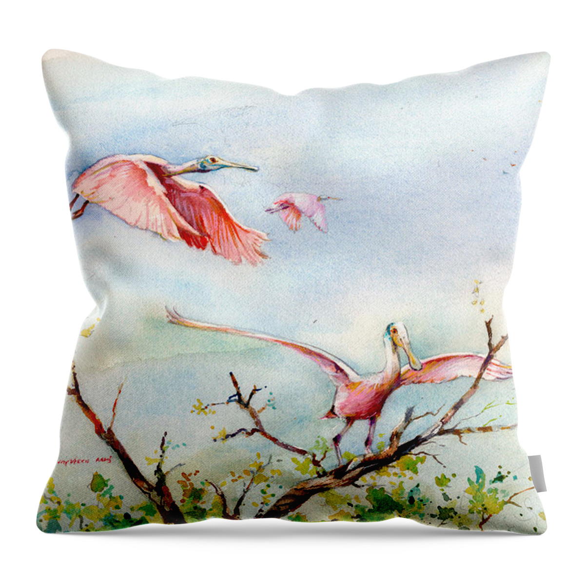 Marsh Birds Throw Pillow featuring the painting Roseate Spoonbill by P Anthony Visco