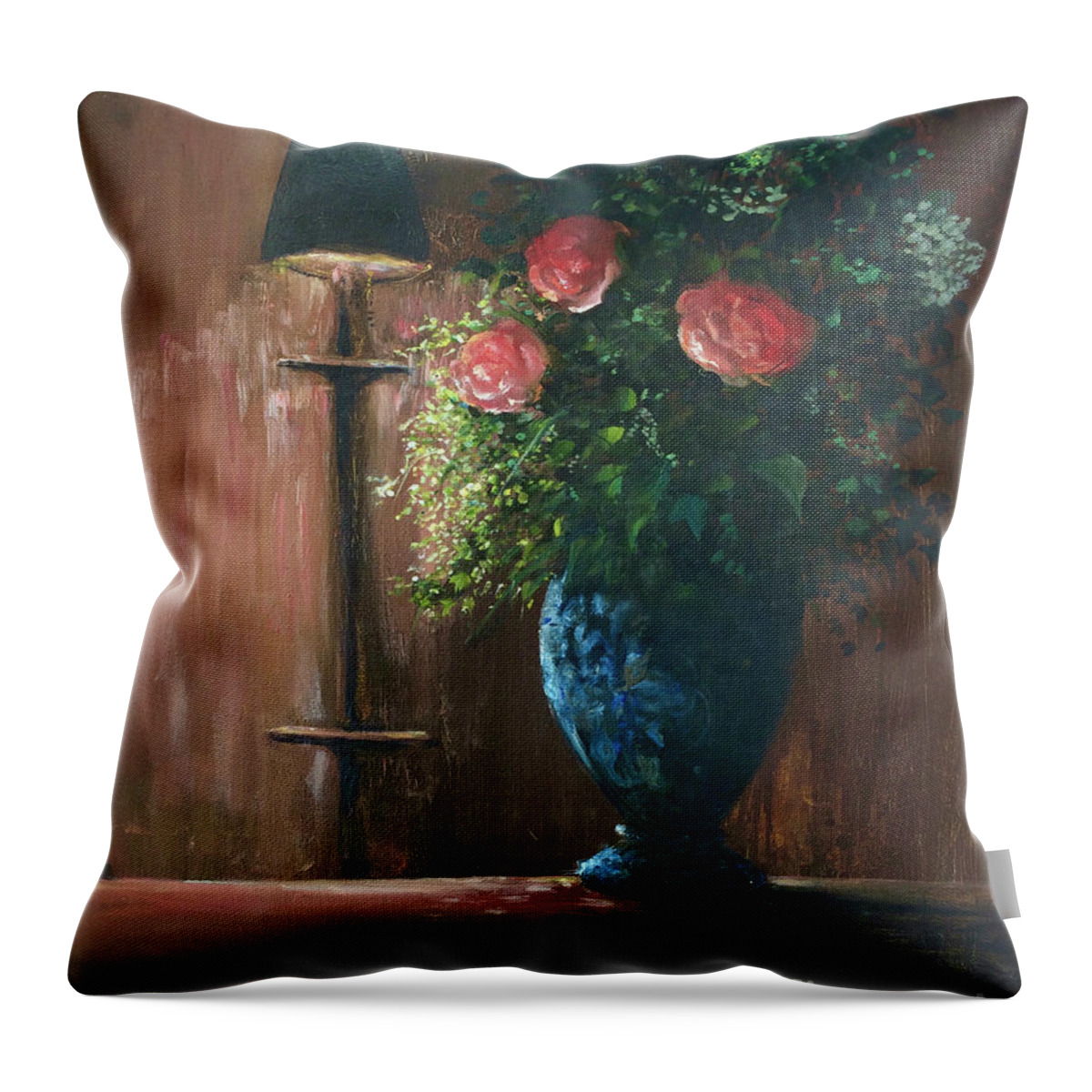 Roses Throw Pillow featuring the painting Roses in a Blue Vase by Lizzy Forrester