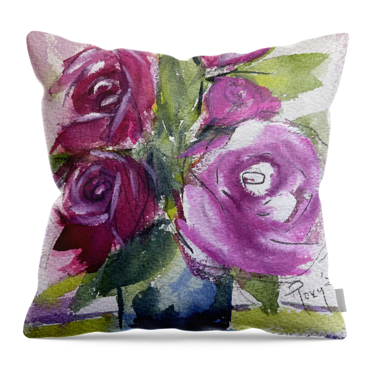 Roses Throw Pillow featuring the painting Roses in Surrey by Roxy Rich