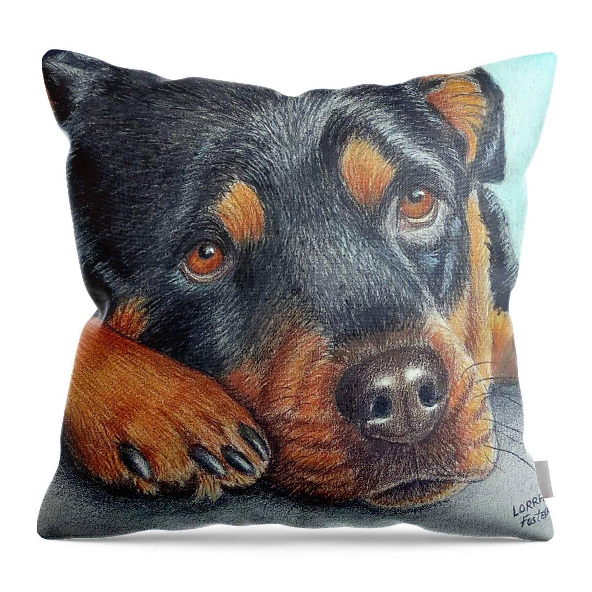 Dogs Throw Pillow featuring the drawing Rotti Pup by Lorraine Foster