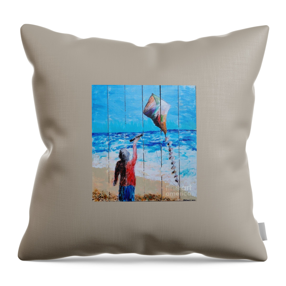  Throw Pillow featuring the painting Round Island Beach Kite Flyer by Mark SanSouci