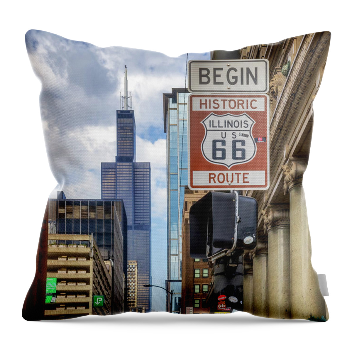 Route 66 Throw Pillow featuring the photograph Route 66 Begin Sign - Chicago, Illinois by Susan Rissi Tregoning
