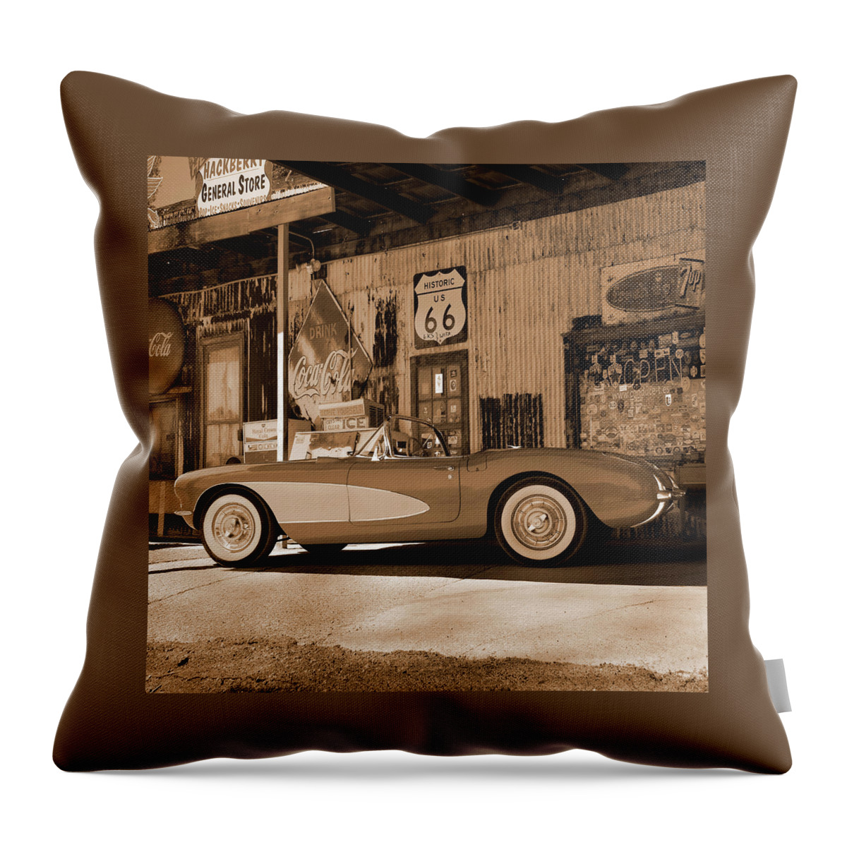  Route 66 Throw Pillow featuring the photograph Route 66 - Classic Vette by Mike McGlothlen