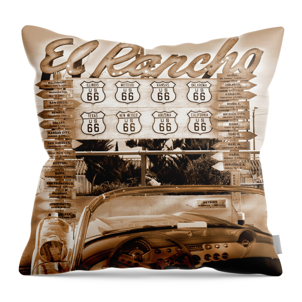 Classic Signs Throw Pillow featuring the photograph Route 66 El Rancho Sign by Mike McGlothlen