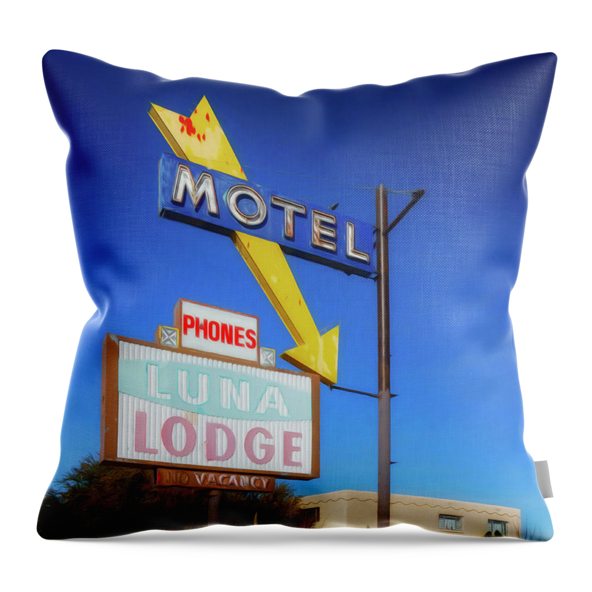 Route 66 Throw Pillow featuring the photograph Route 66 - Luna Lodge - Albuquerque by Susan Rissi Tregoning