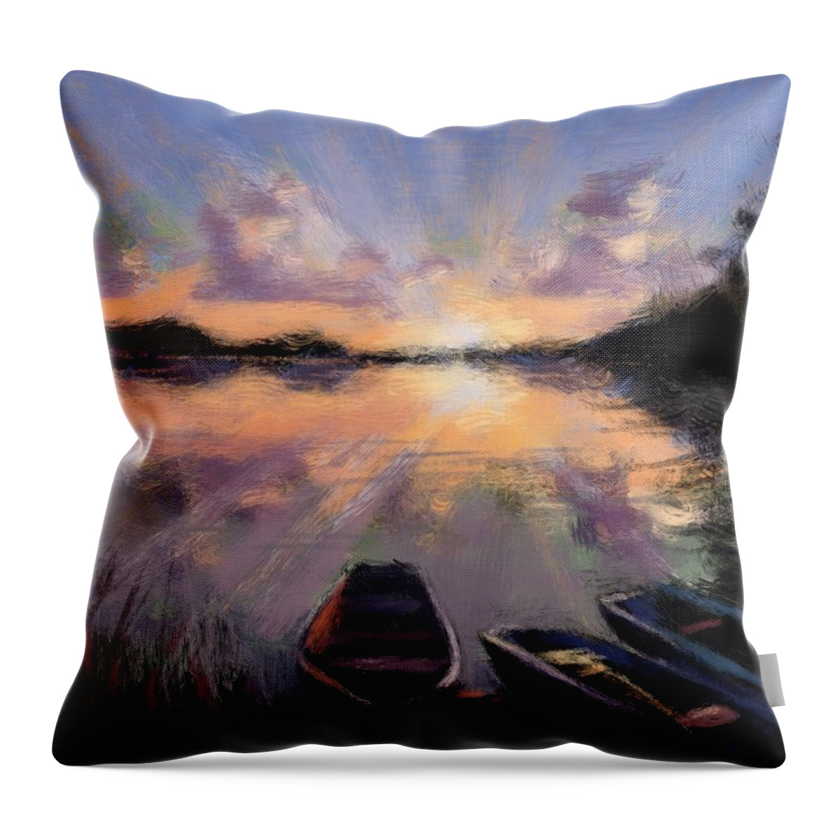 Rowboat Throw Pillow featuring the painting Rowboat Sunset by Larry Whitler