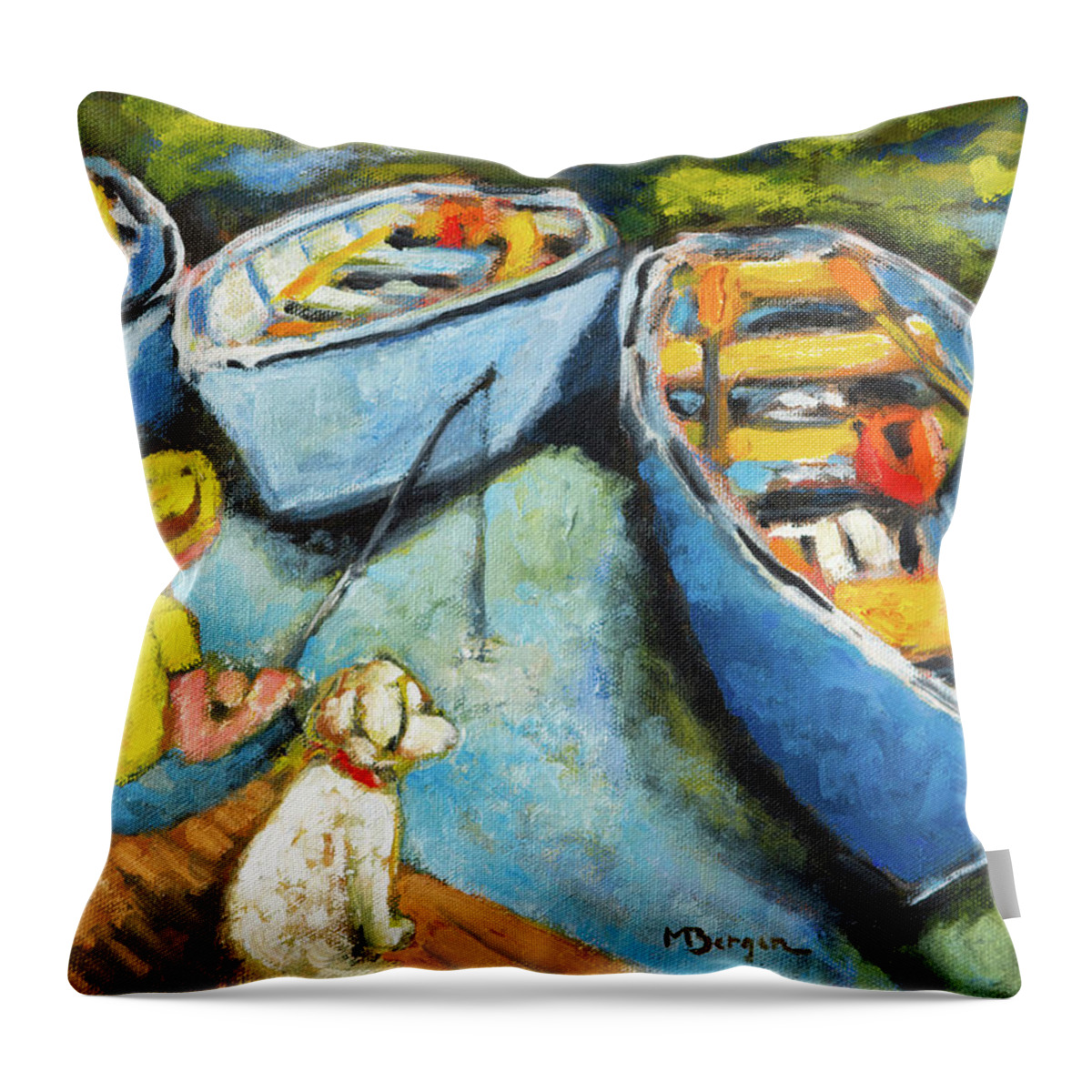 Rowboats Throw Pillow featuring the painting Rowboats at Clear Lake, OR by Mike Bergen