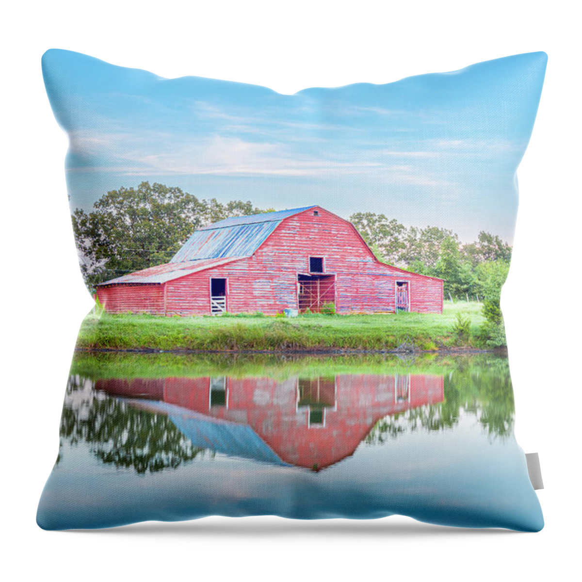 Red Barn Throw Pillow featuring the photograph Rural Country Red Barn Reflections by Jordan Hill