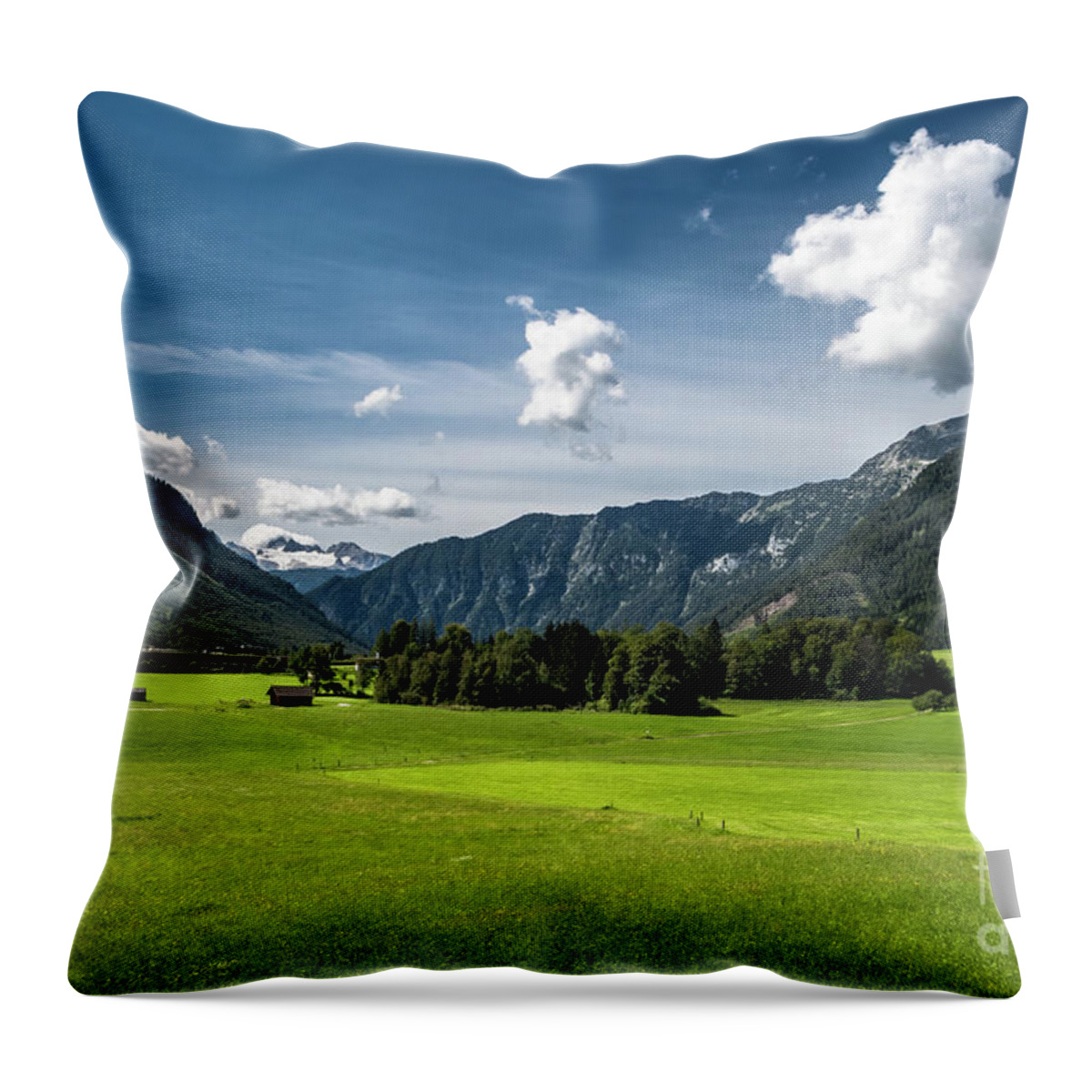 Austria Throw Pillow featuring the photograph Rural Landscape With Houses In Front Of Mountain Dachstein In The Alps Of Austria by Andreas Berthold