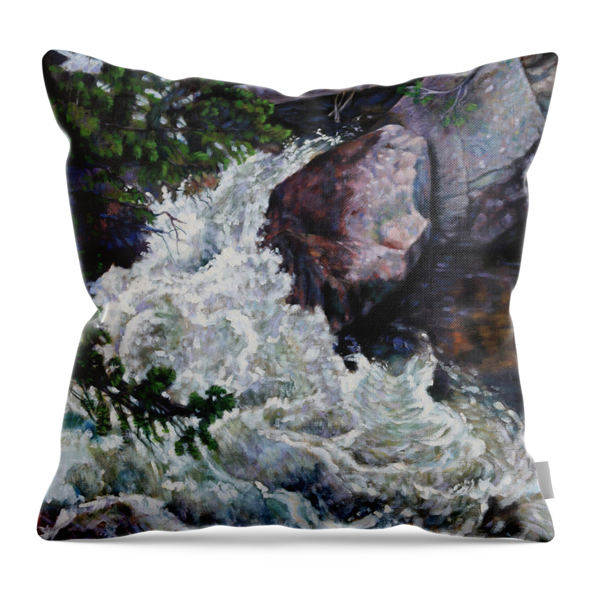 Waterfall Throw Pillow featuring the painting Rushing Stream Colorado by John Lautermilch
