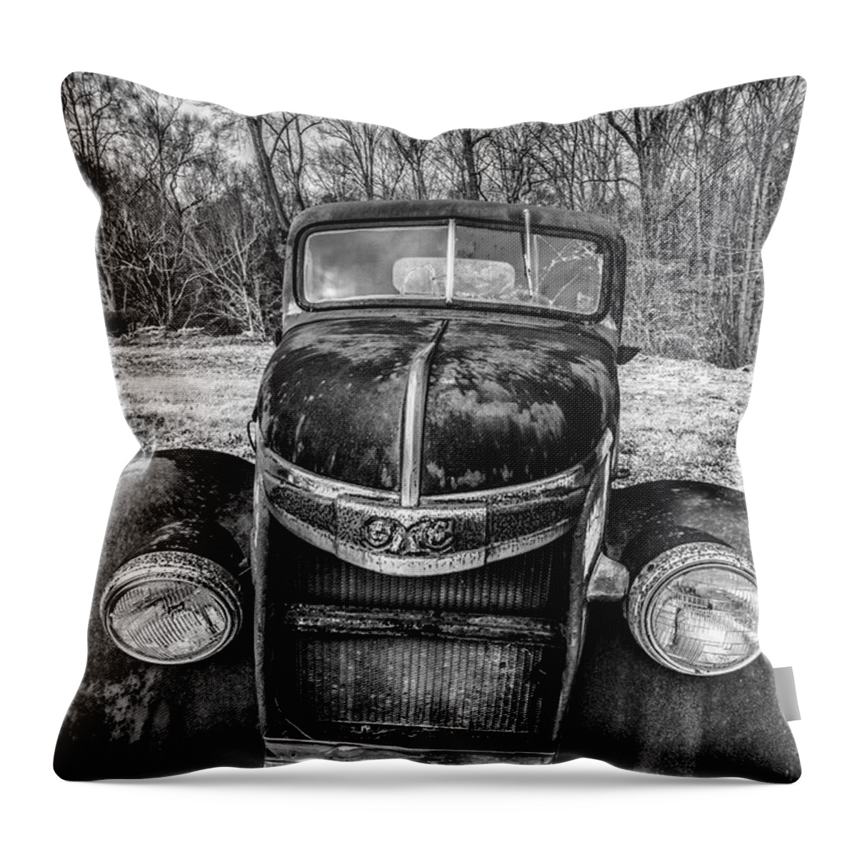 1937 Throw Pillow featuring the photograph Rusty GMC Pickup Truck 1938 1939 in Black and White by Debra and Dave Vanderlaan