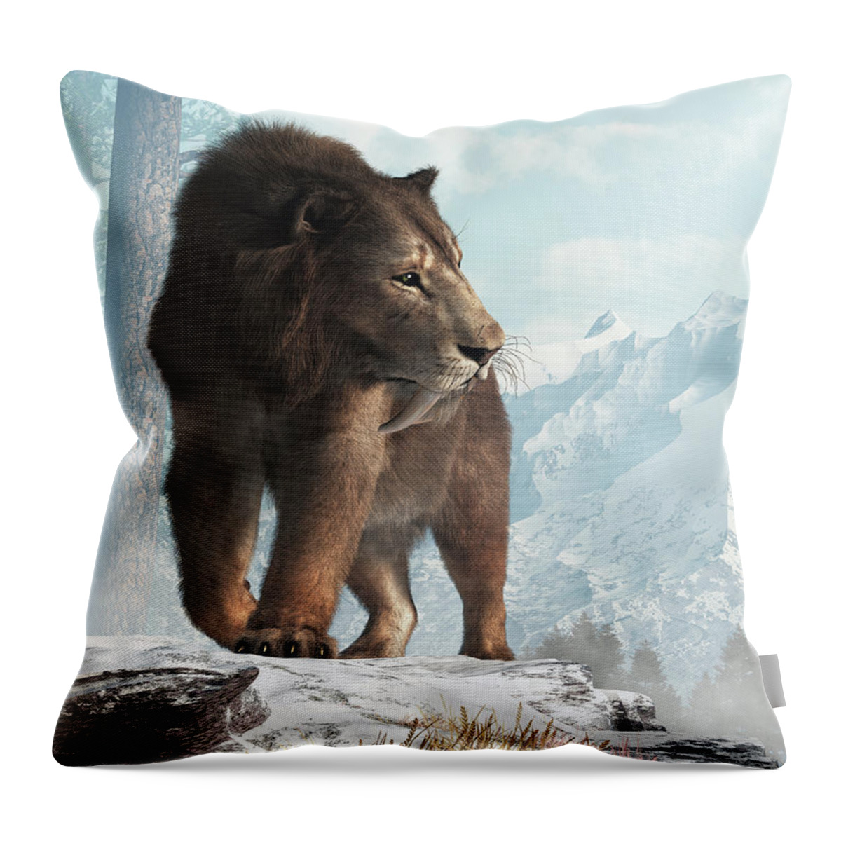 Saber-toothed Throw Pillow featuring the digital art Saber Tooth in Snow by Daniel Eskridge