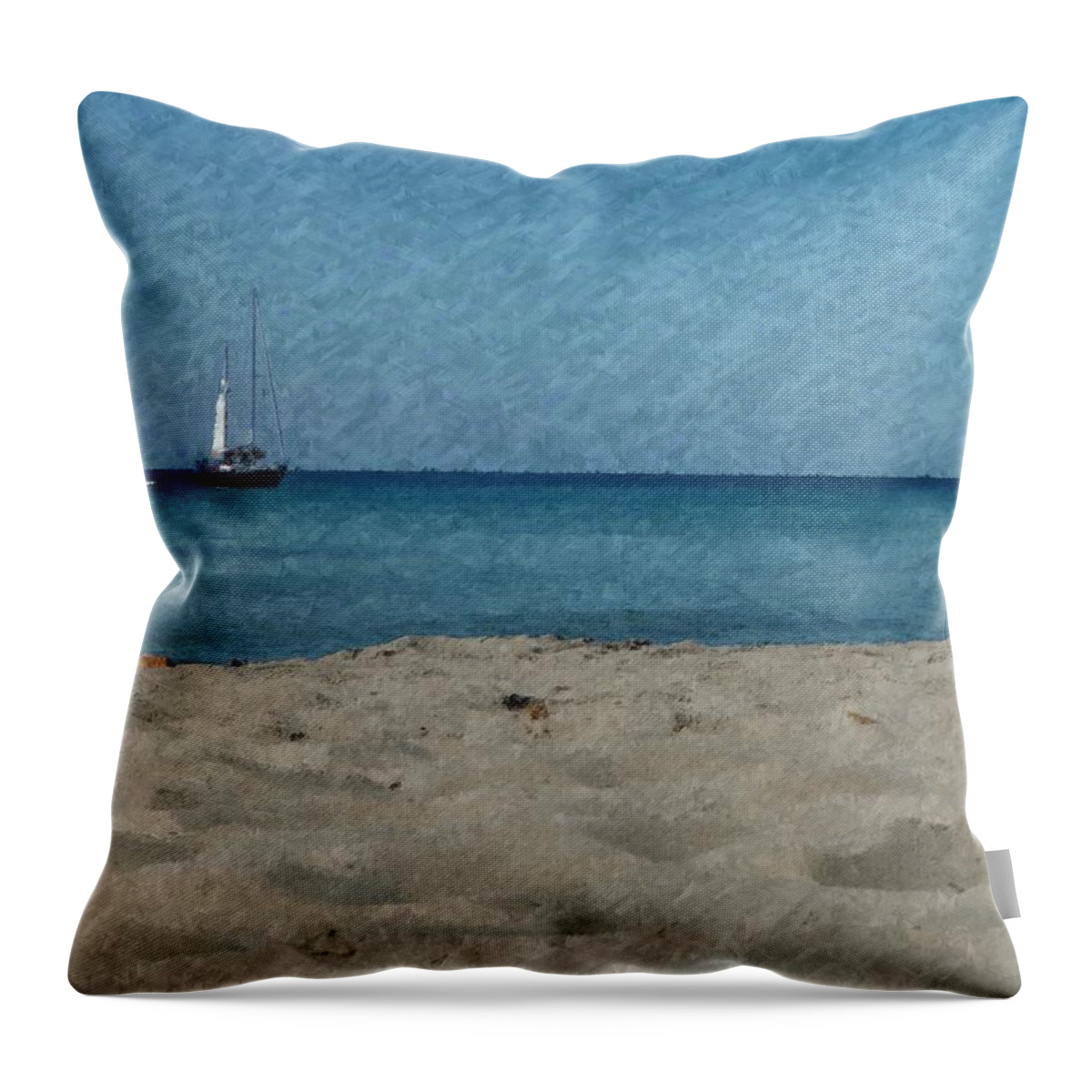 Beach Throw Pillow featuring the digital art Sailboat Beach Impressionism by Dee Flouton