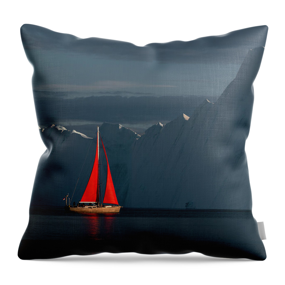Greenland Throw Pillow featuring the photograph Sailboat in the low setting sun in Greenland by Anges Van der Logt
