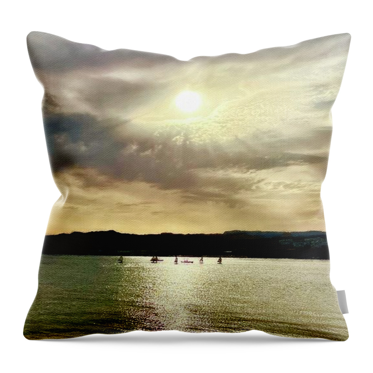 Pamela Storch Throw Pillow featuring the digital art Sailboats and an Angelic Sunset by Pamela Storch