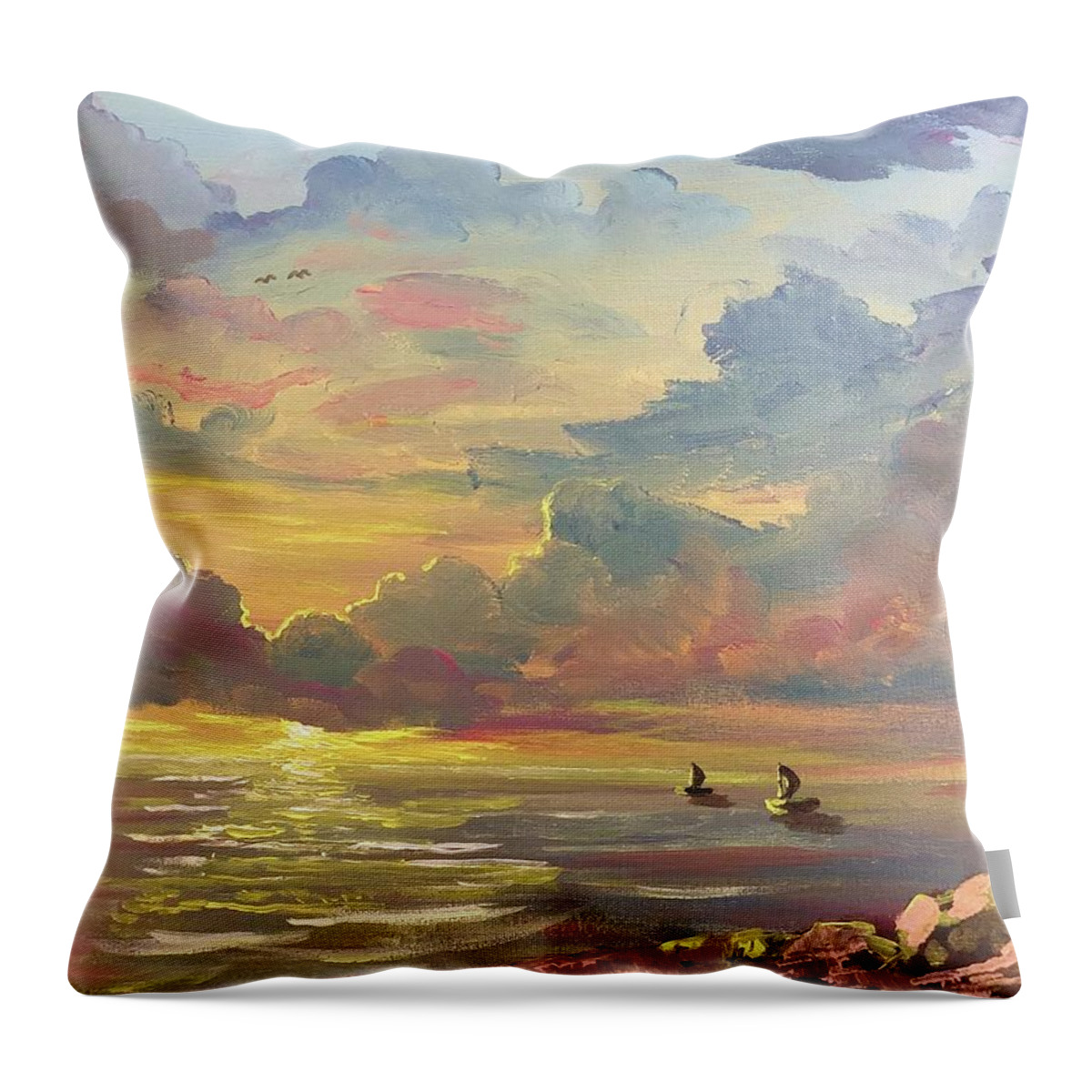 Sailboats Throw Pillow featuring the painting Sailboats and Ocean Sunset Bliss by Chance Kafka