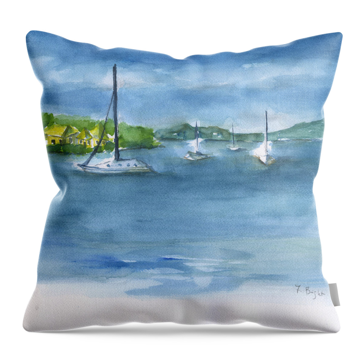 Sailboats At White Beach Throw Pillow featuring the painting Sailboats At St. Thomas by Frank Bright
