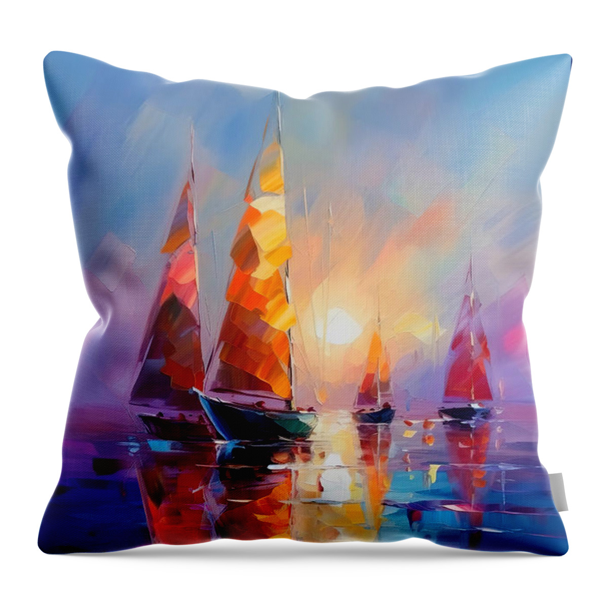 Sailboats Throw Pillow featuring the painting Sailboats In A Calm Sunset by Mark Ashkenazi