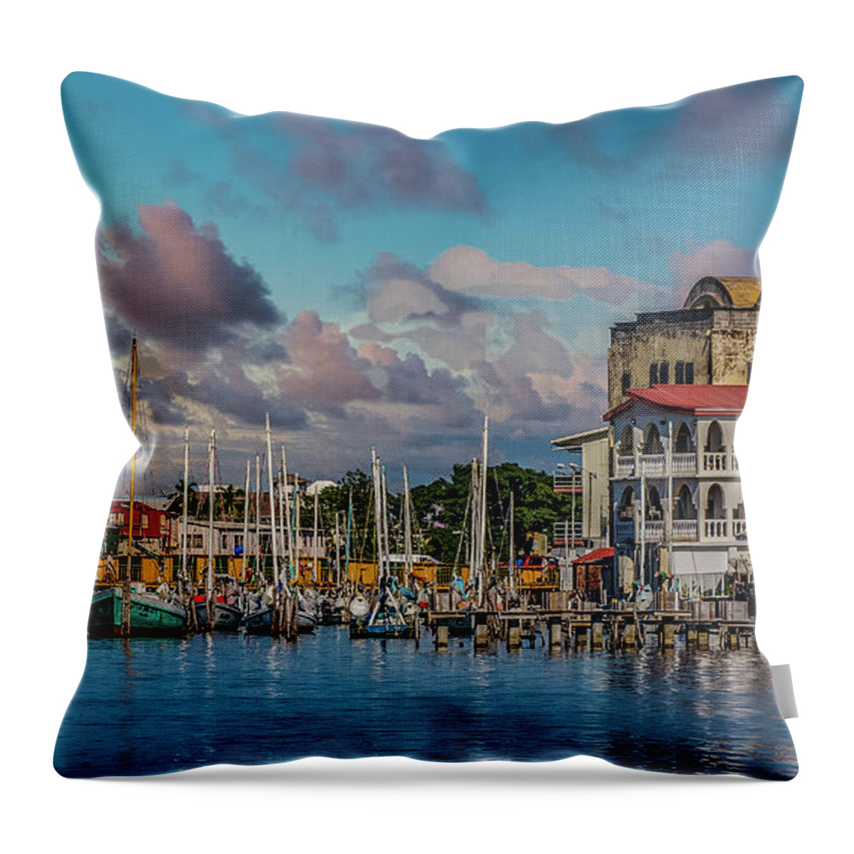 Bay Throw Pillow featuring the photograph Sailboats in Colorful Harbor of Belize by Darryl Brooks