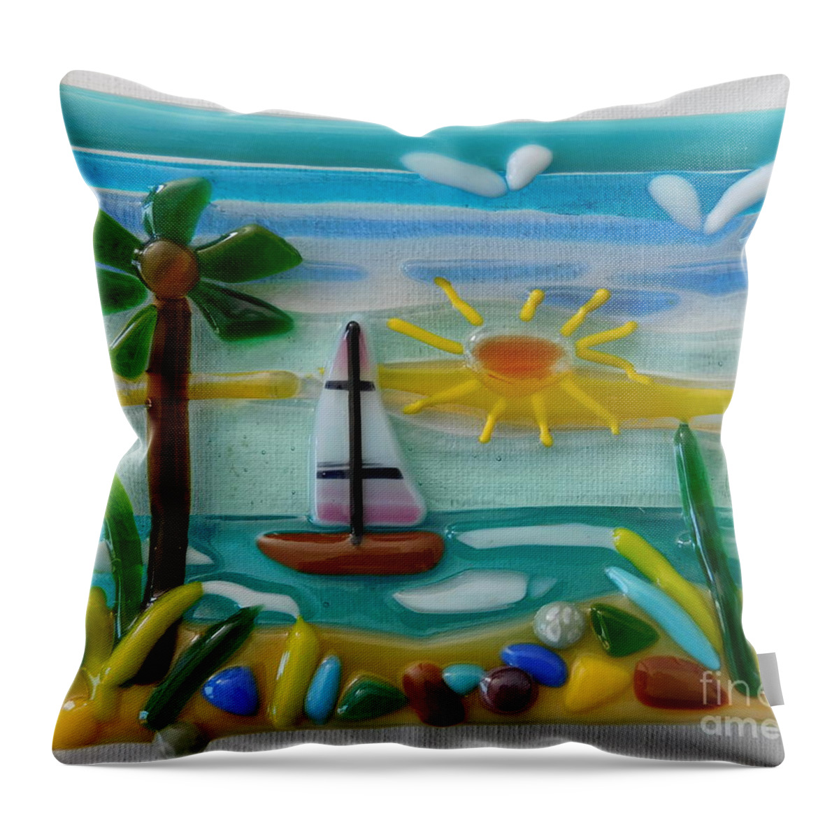Beach Scene Painted With Tiny Pieces Of Glass. Fused Glass Tray Which Is The Perfect Size To Be Used As A Soap Dish Throw Pillow featuring the glass art Sailin' by Joan Clear