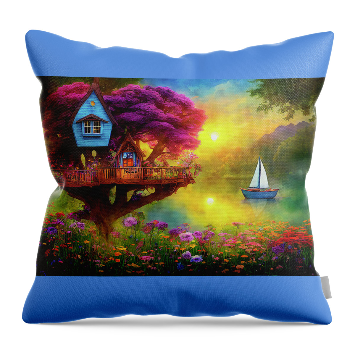 Tree House Throw Pillow featuring the digital art Sailing by My Summer Tree House by Peggy Collins