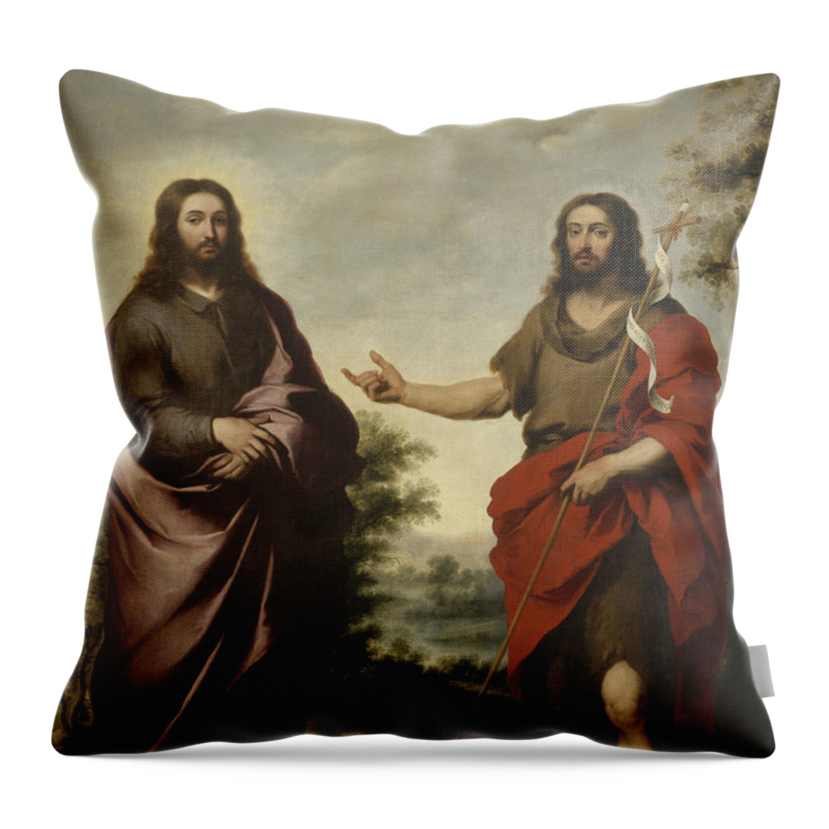 17th Century Art Throw Pillow featuring the painting Saint John the Baptist Pointing to Christ by Bartolome Esteban Murillo