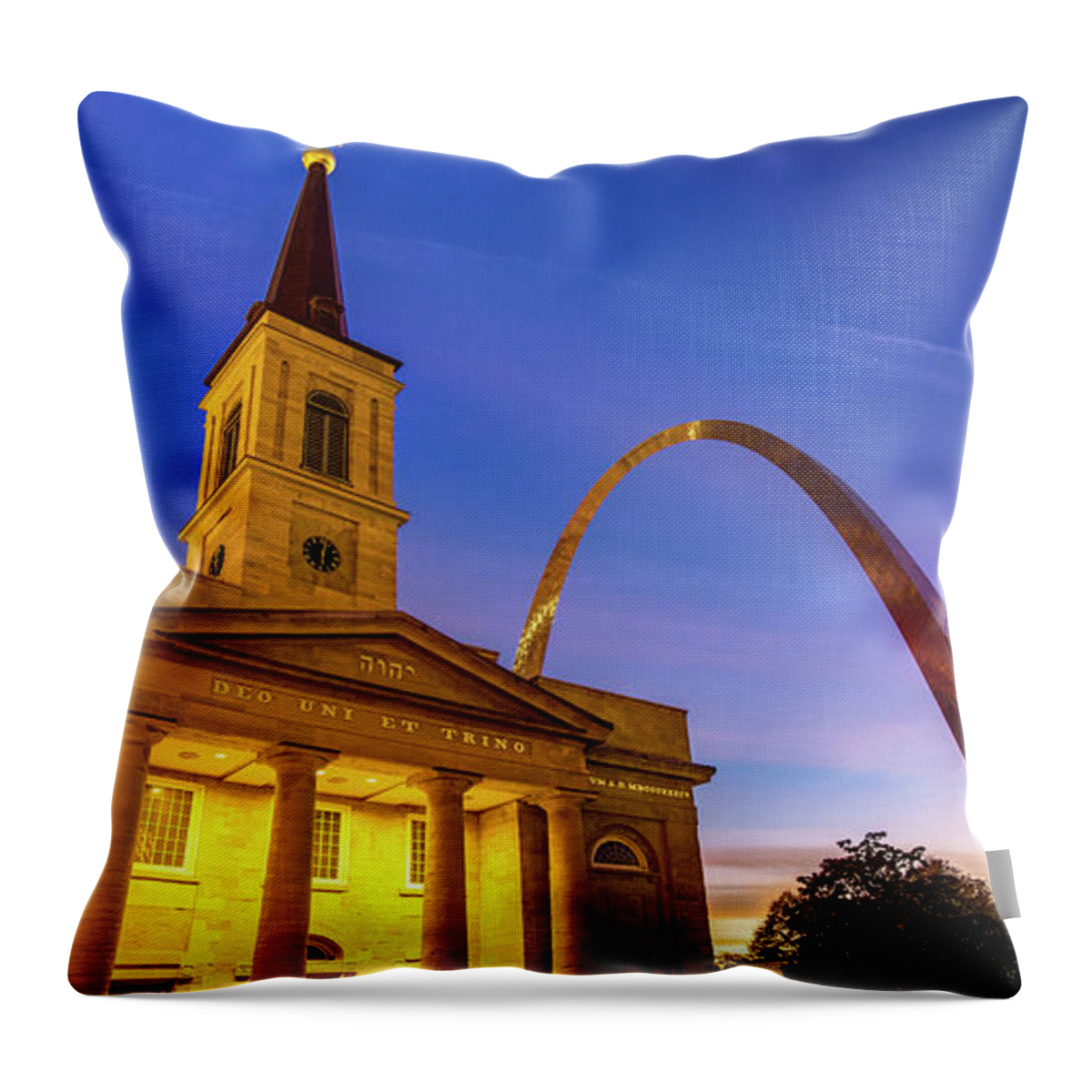St Louis Panorama Throw Pillow featuring the photograph Saint Louis Gateway Arch and Old Cathedral Panorama by Gregory Ballos