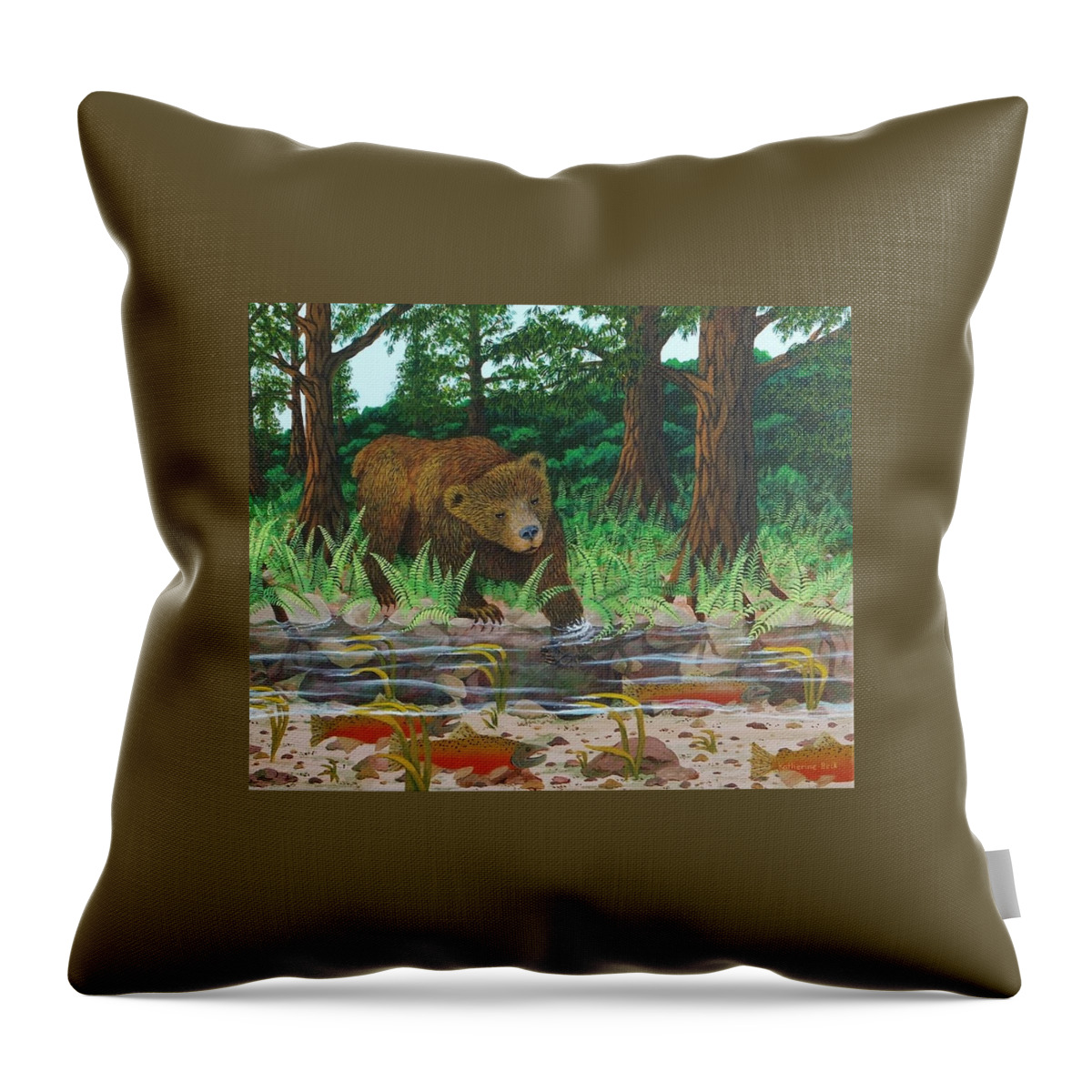 Print Throw Pillow featuring the painting Salmon Fishing by Katherine Young-Beck