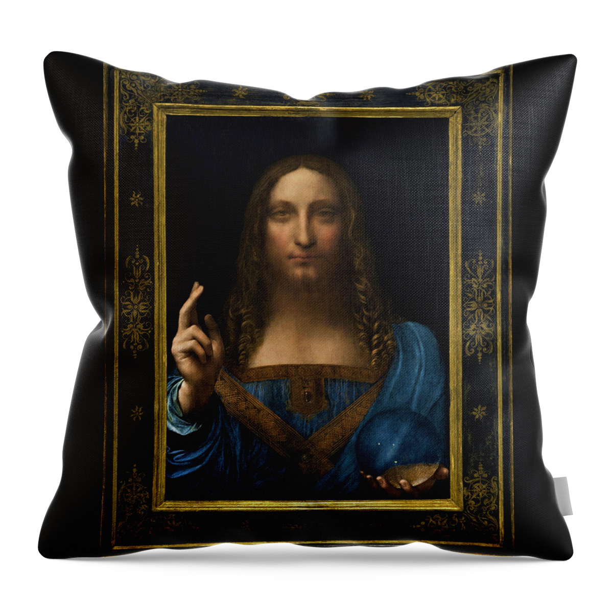 Salvator Mundi Throw Pillow featuring the painting Salvator Mundi - Digital Restored Edition by Leonardo da Vinci