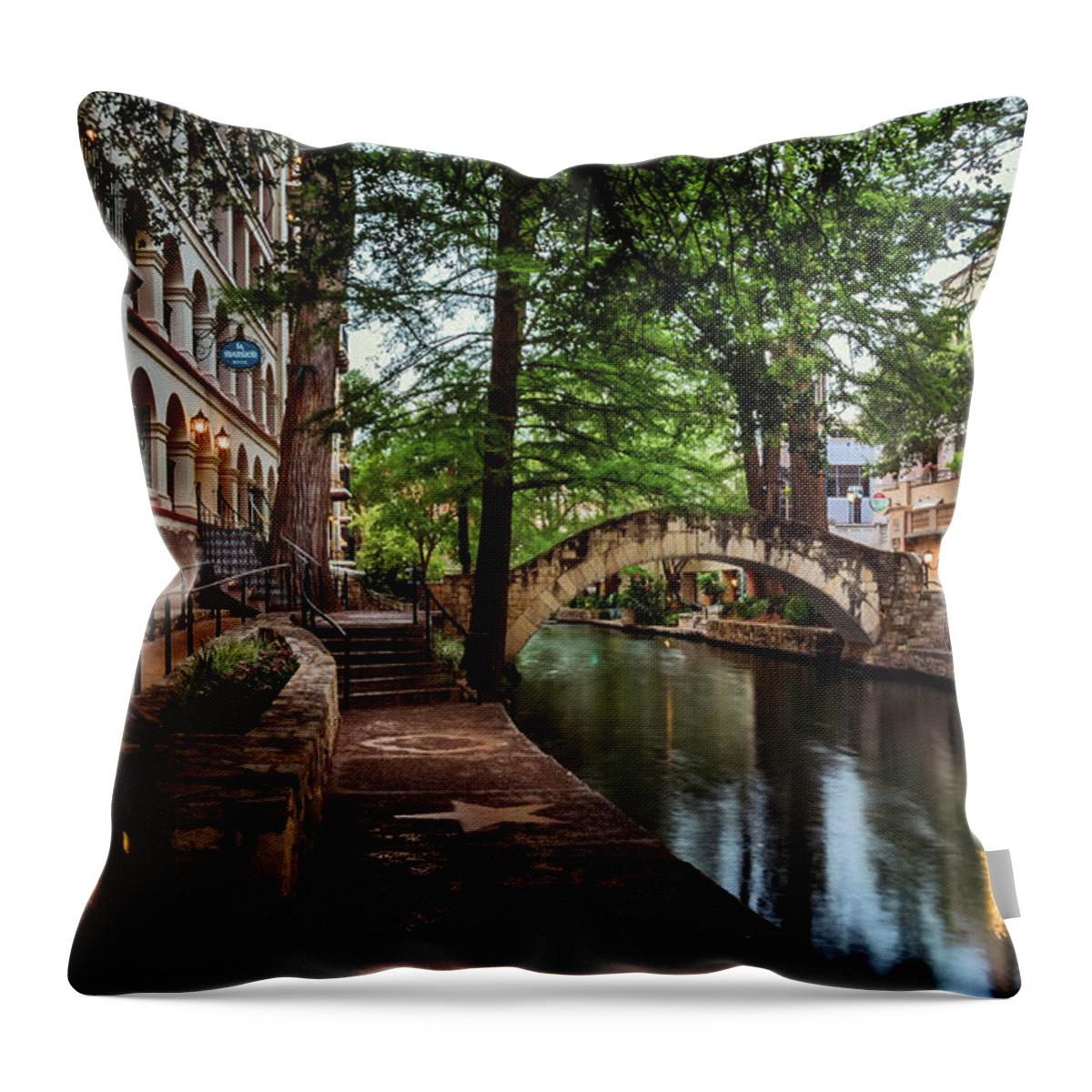 Riverwalk Throw Pillow featuring the photograph San Antonio Riverwalk Early Morning I by Steven Sparks