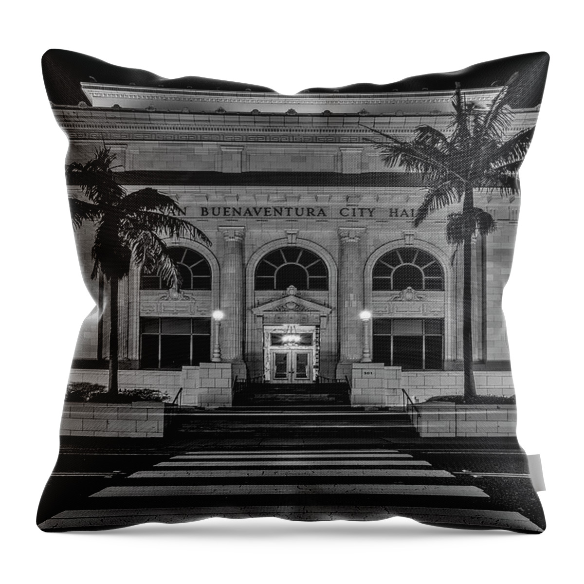 San Buenaventura City Hall Throw Pillow featuring the photograph San Buenaventura City Hall CA BW by Susan Candelario