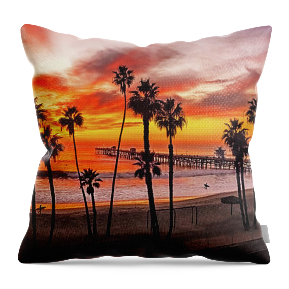 San Clemente Throw Pillow featuring the photograph San Clemente Pier Sunset Panoramic, California Coast by Don Schimmel